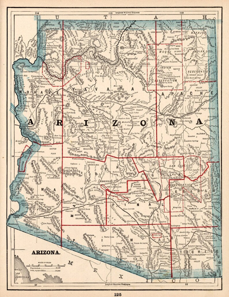 Arizona map Old map of Arizona fine print, large wall map, retro map, grad gift image 2