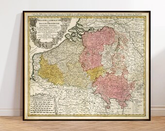 Pode incluir: Um mapa antigo dos Países Baixos, intitulado "BELGIUM CATHOLIQUE ou les Dix Provinces de la Belgique", mostrando as dez províncias dos Países Baixos católicos. O mapa é impresso em tinta preta, marrom, amarela e rosa sobre um fundo creme.