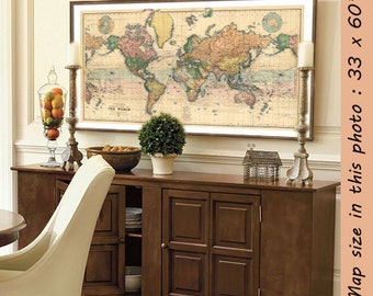 Map of the World - Large map of the World - Large giclee print - A vintage map for wall decoration - Up to 35 x 63 " - On paper or canvas