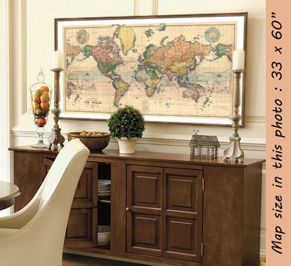 Map of the World - Large map of the World - Large giclee print - A vintage map for wall decoration - Up to 35 x 63 " - On paper or canvas