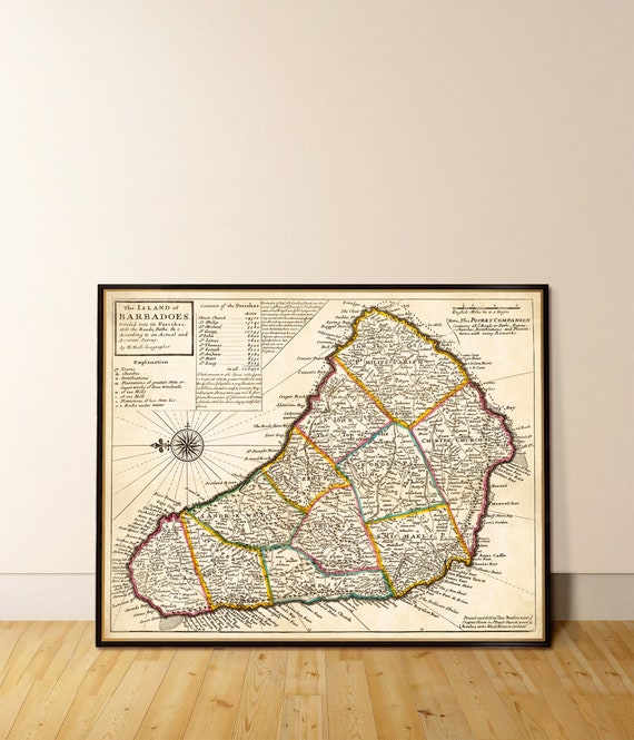 Historical map of Barbados, The Island of Barbadoes, detailed old map from 18th century, art print