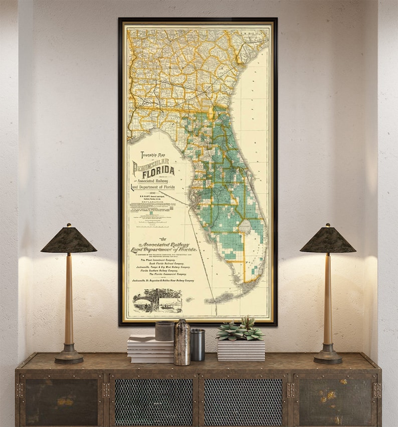 Carte de la Floride, carte vintage de la Floride, carte murale Sunshine State, jusqu'à 27 x 54 po. image 1