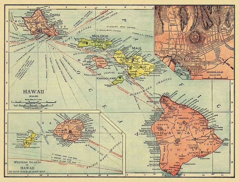 Hawaii map Old map of Hawaii reproduction image 2