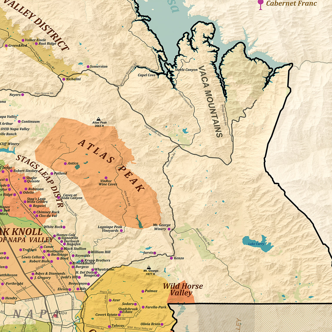 Mapa de vinos del Valle de Napa, viñedos, variedades de uva y bodegas /  Regiones AVA - Guía de viñedos de California - Etsy México, image size:1129x1129