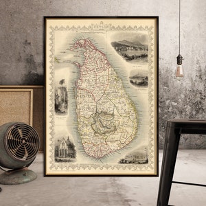 Kaart van Ceylon - Kaart van Sri Lanka - Oude kleine lettertjes van de kaart op papier of canvas