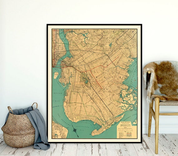 Old map of Brooklyn reproduction, restored map from 1924, fine print for house decoration