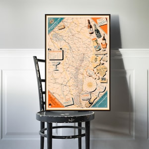 Burgundy wine map, vintage map of the wine producing areas, wonderful wall map decor