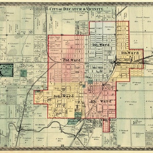 Decatur map Map of Decatur Illinois and vicinity Archival print on paper or canvas image 2