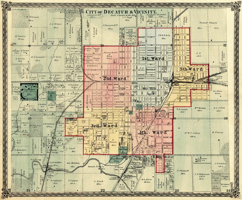 Decatur map Map of Decatur Illinois and vicinity Archival print on paper or canvas image 2