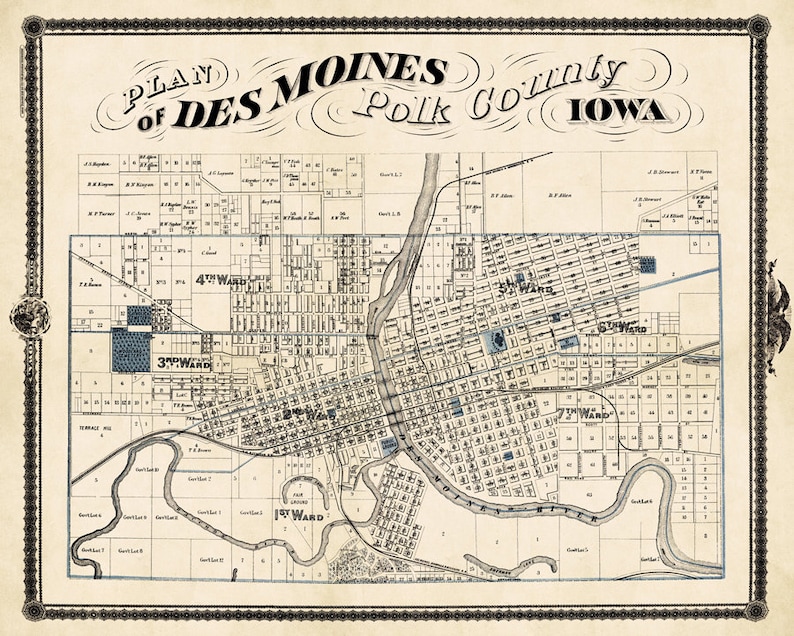 Des Moines Map Old Map Print Map of Des Moines Fine Etsy