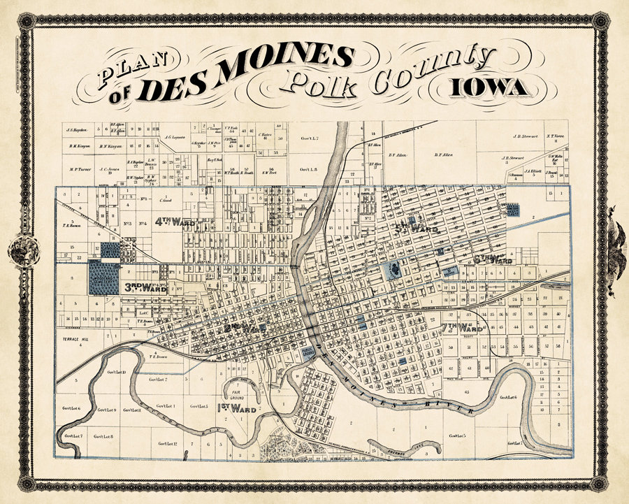 Des Moines map Old map print Map of Des Moines fine reproduction