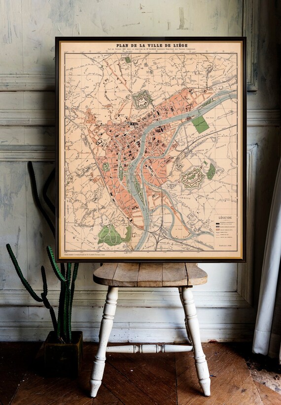 Historical map of Liège, plan de la ville de Liège, “La Cité Ardente” home decor