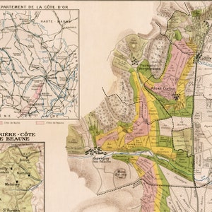 Les vins de Bourgogne , La Côte de Beaune, Burgundy wine map, large vintage map for wall decor image 4