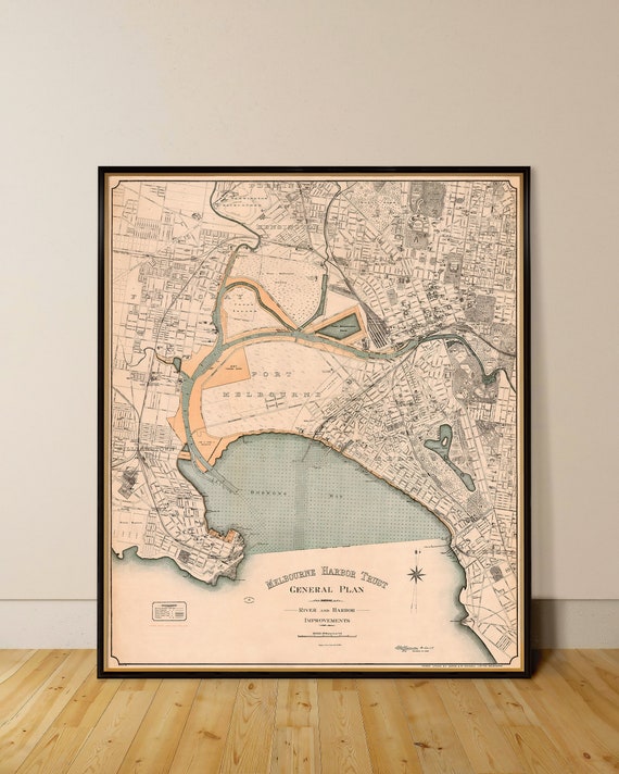 Melbourne Harbour map, decorative map of Melbourne Port, restored map, wall map decor