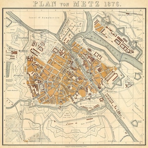 Map of Metz (france), Old City Plan of Metz, Vintage Style Restored Map ...