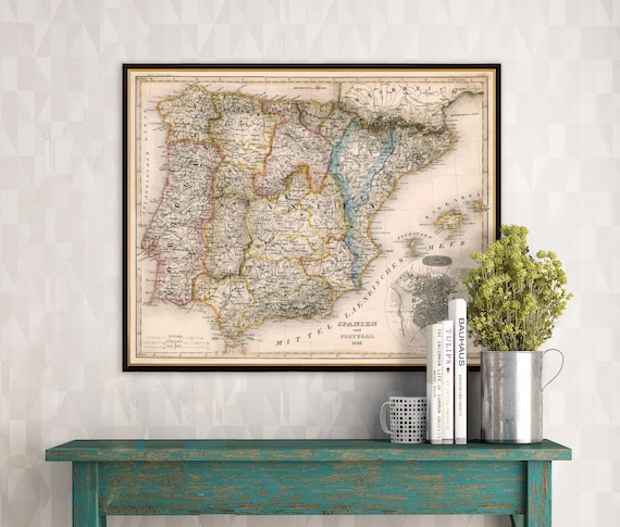 Spain map , Portugal map - Large old map of Spain and Portugal from 1849, giclee reproduction