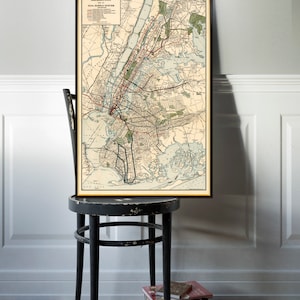 Vintage kaart van de metro van New York uit 1914: grote muurkaart, retro kaart, NYC-poster, decor Manhattan
