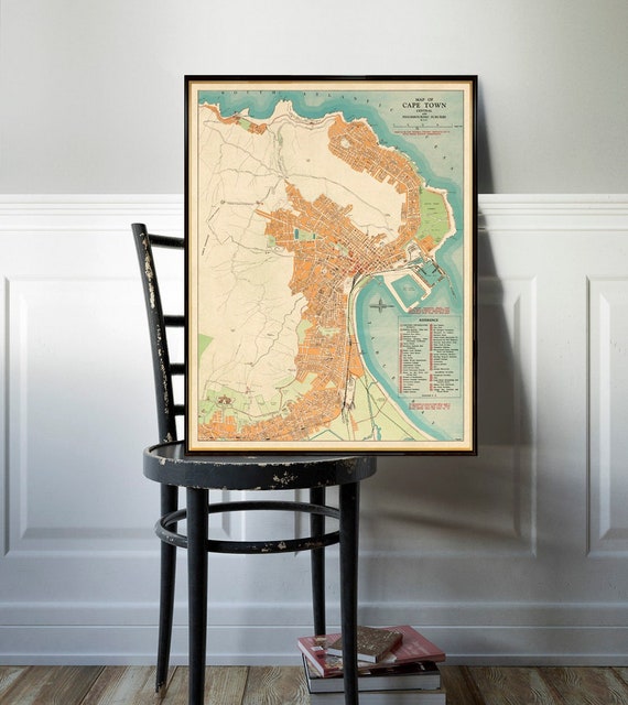 Vintage style map of Cape Town, old city plan restored, large wall map print