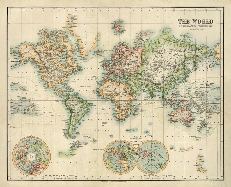 World map Old map of the world restored Wall maps World map archival print on paper or canvas image 3