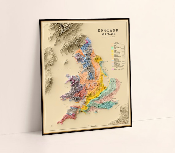 England and Wales shaded relief geological map, based on an old map from 1872