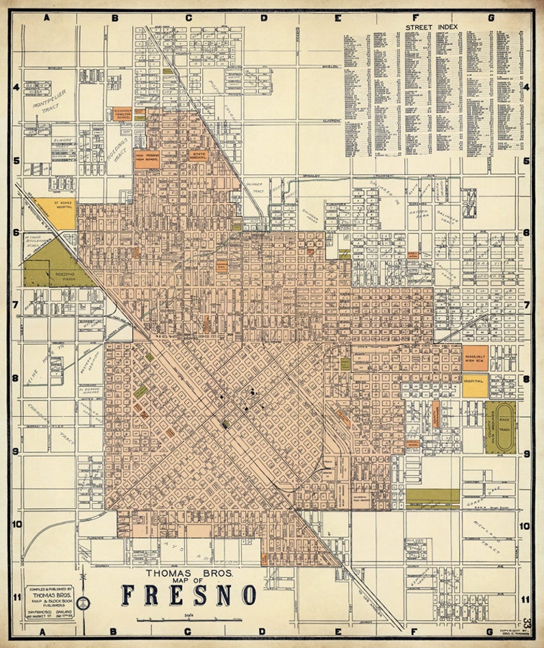 Fresno Map Old City Map of Fresno Detailed Map Vintage Etsy