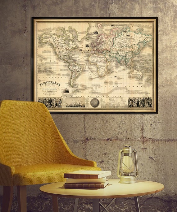 Antique map of the World -  Vintage map restored - Planisphere World map - Large antique map on paper or canvas