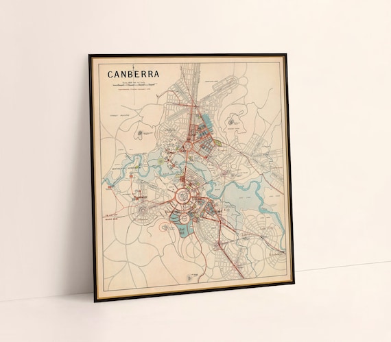Canberra map, old city plan, housewarming decor, Australia capital city