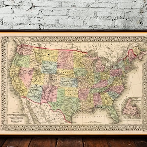 United States map during Ulysses S. Grant, historical map restored, archival print image 1