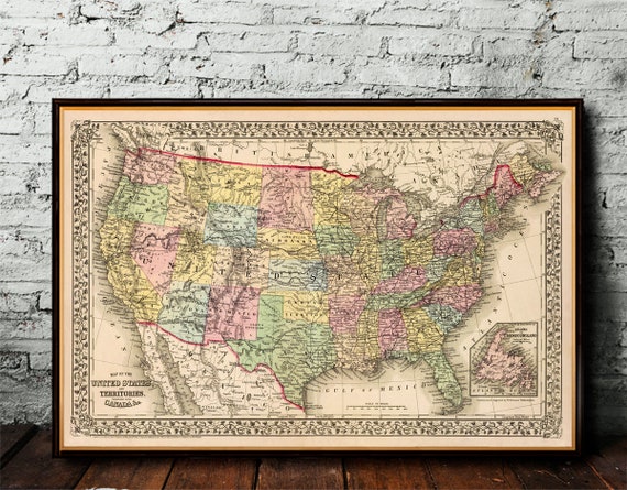 United States map during Ulysses S. Grant, historical map restored, archival print