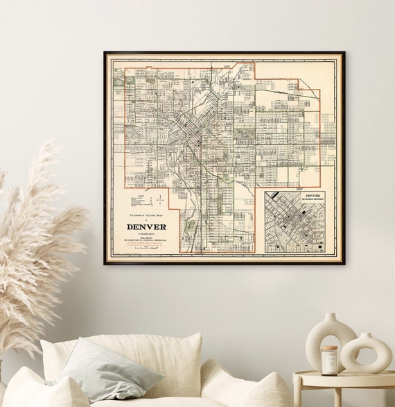 Vintage map of Denver, old map restored, city plan fine print, housewarming decor, giclee reproduction on paper or canvas