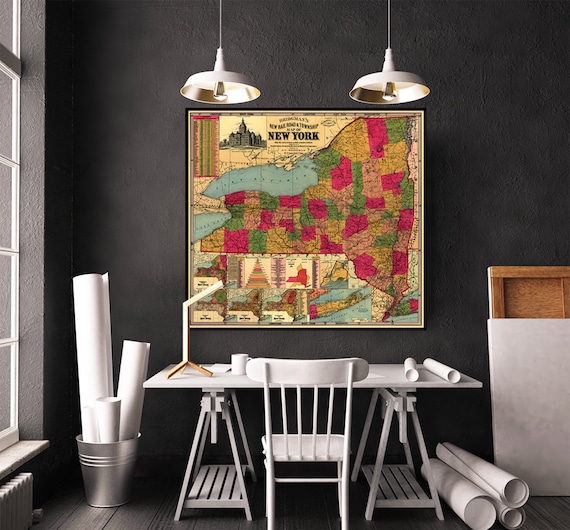 New York large wall map - Old map of the state of New York - Rail Road & Township Map of New York, available on matte canvas or paper