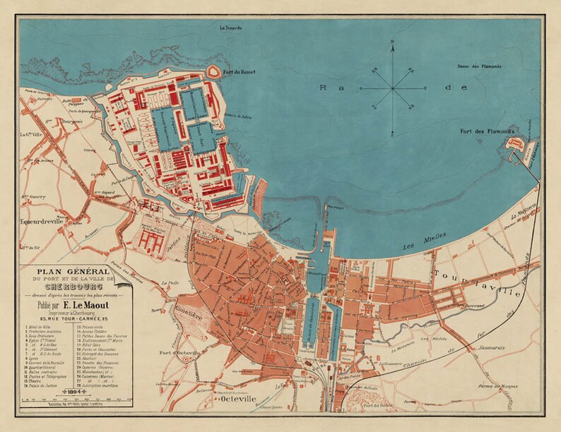 Cherbourg map Old map of Cherbourg print La carte de | Etsy
