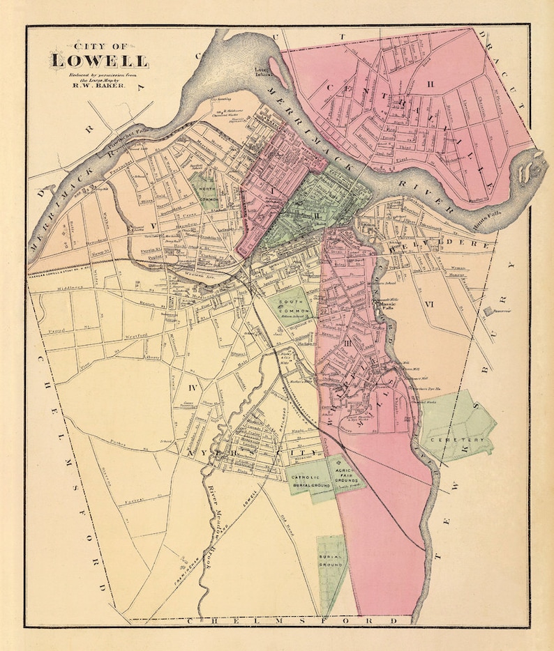 Lowell map Massachusetts Old map of Lowell print Fine Etsy