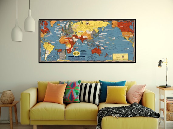 War map of The World, Commemorating D-Day, WWII map dated events ,historical map of Second World War, printed on paper or canvas