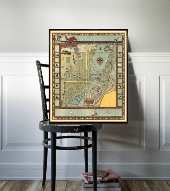 Old map of  Miami, large decorative Miami map, retro design map poster