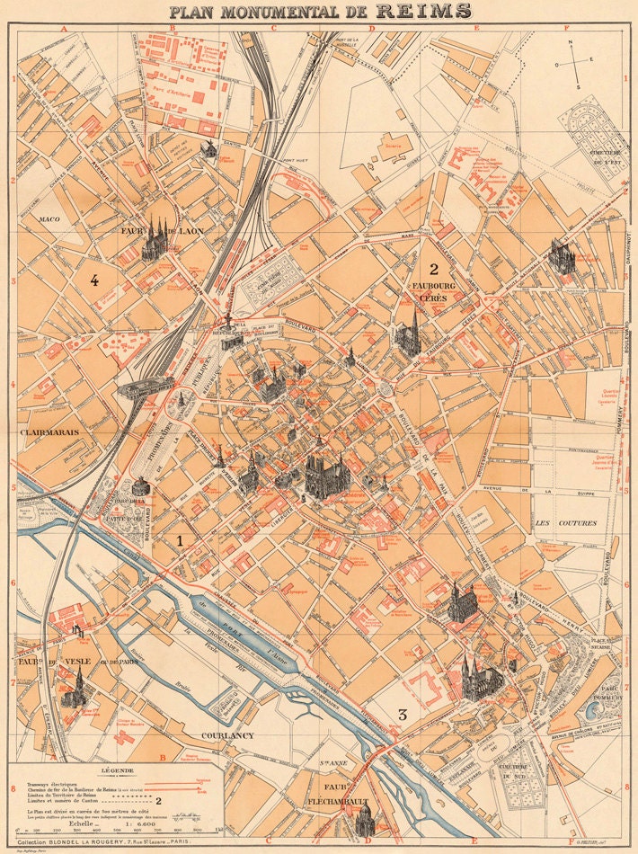 Reims map, monumental map of Reims, fine giclee print on paper or 
