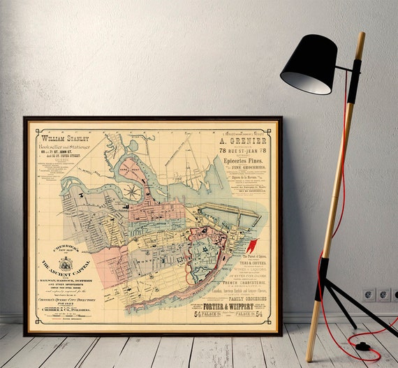 La carte de Quebec - Vintage map of Quebec - Showing railway and harbour, available on paper or canvas