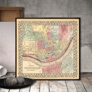 Carte de Cincinnati, carte ancienne de la ville reine, plan de ville historique restauré, affiche de style antique