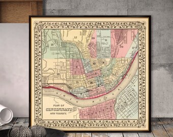 Cincinnati map, The Queen City old map, historical city plan restored, antique style poster