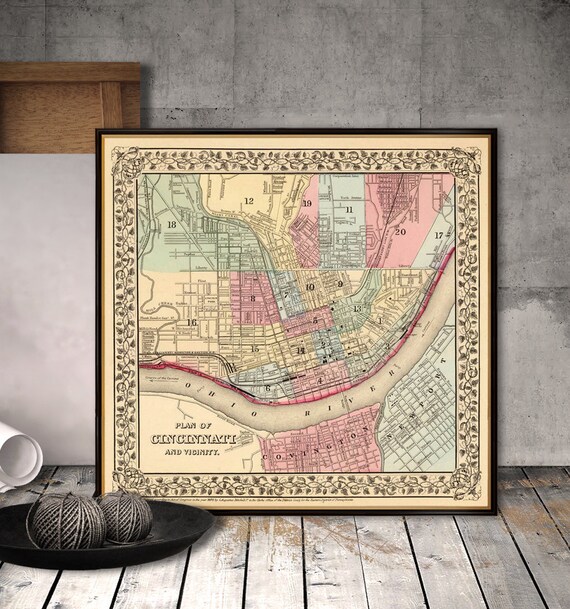 Cincinnati map, The Queen City old map, historical city plan restored, antique style poster