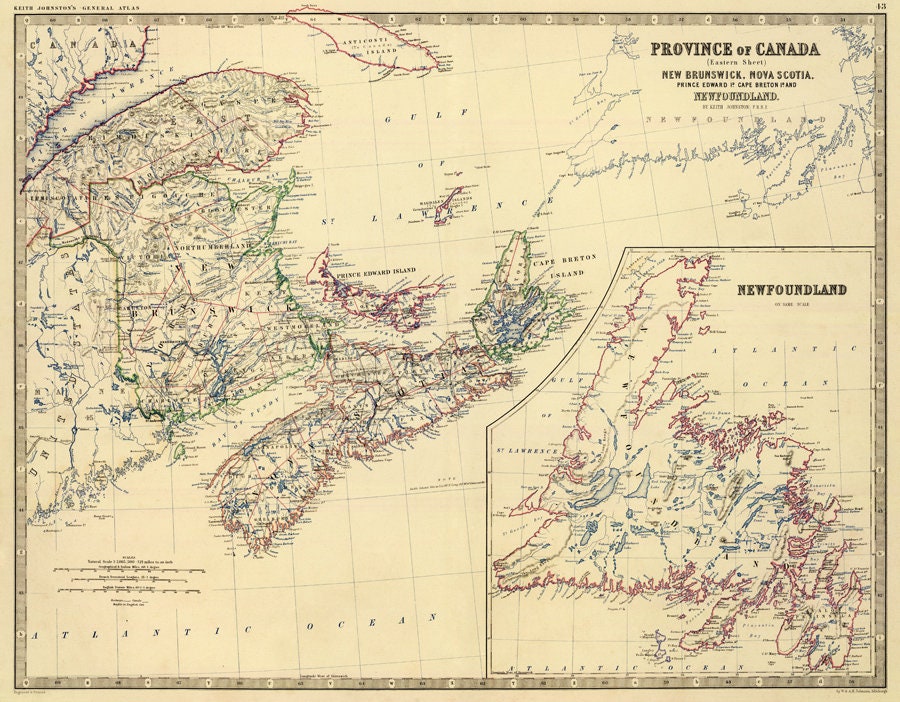 Map of New Brunswick Newfoundland map Archival print on | Etsy