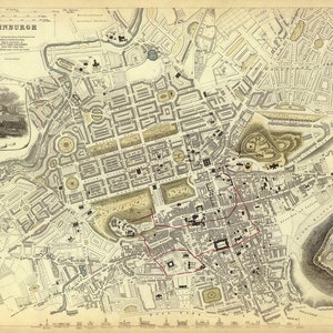 Vintage map of Edinburgh, old city map from 1843, Auld Reekie historical map image 3