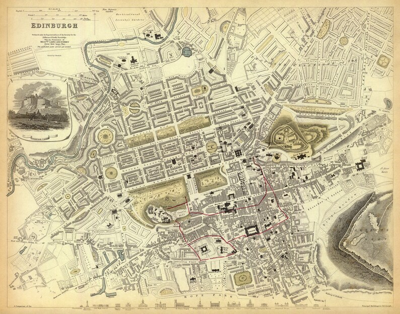 Vintage map of Edinburgh, old city map from 1843, Auld Reekie historical map image 3