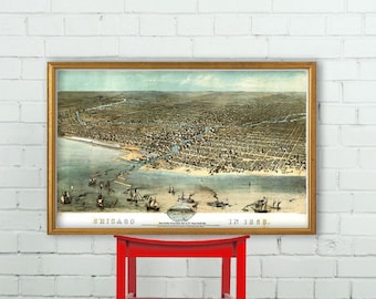 Chicago poster - panoramic  map - Birds eye view of Chicago - Chicago illustration on paper or canvas