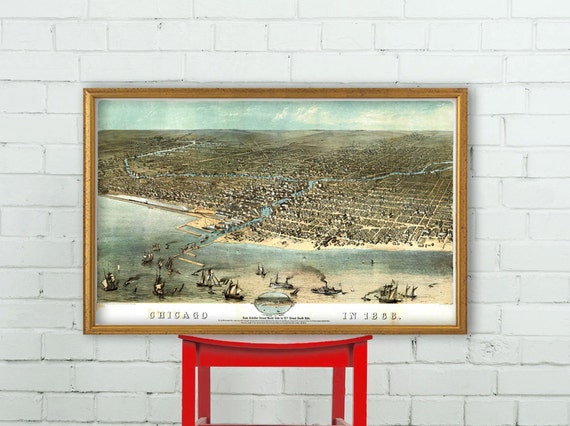 Chicago poster - panoramic  map - Birds eye view of Chicago - Chicago illustration on paper or canvas