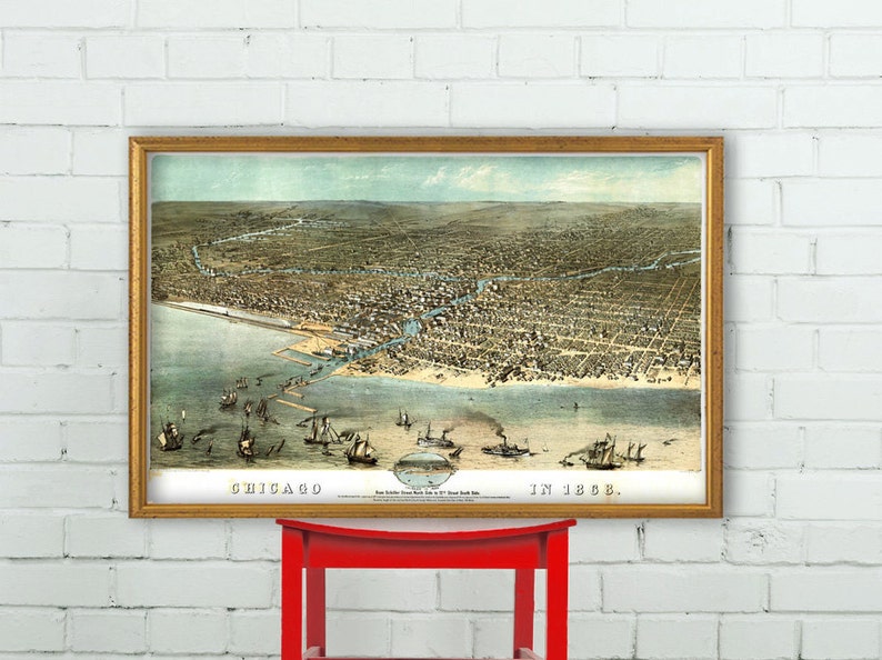 Chicago poster panoramic map Birds eye view of Chicago Chicago illustration on paper or canvas image 1