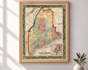 Maine Map 1860 | Antique New England State Map | Vintage Wall Art