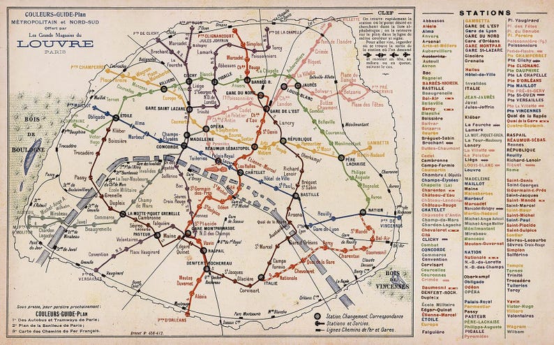 Vintage Paris Métro Map | Antique French Subway Plan | Archival Print ...