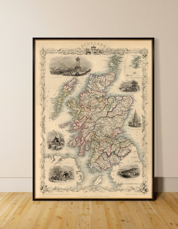 Scotland map, archival reproduction, vintage map of Scotland with iconic landmarks