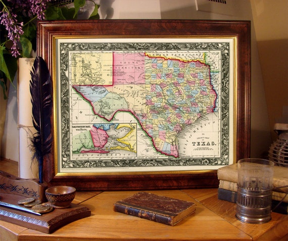 Texas map - Vintage map of Texas fine print on paper or canvas